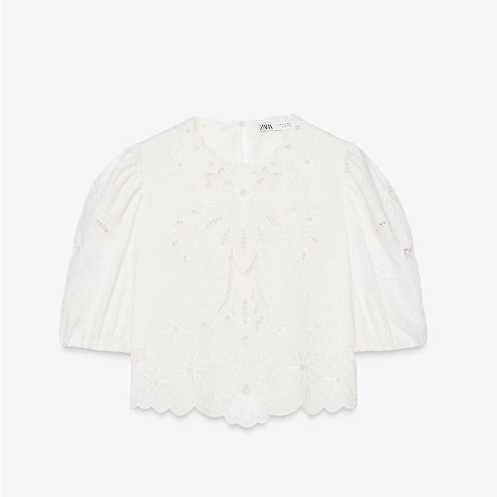 Zara White Eyelet Short-Sleeve Blouse with Scalloped Hem
